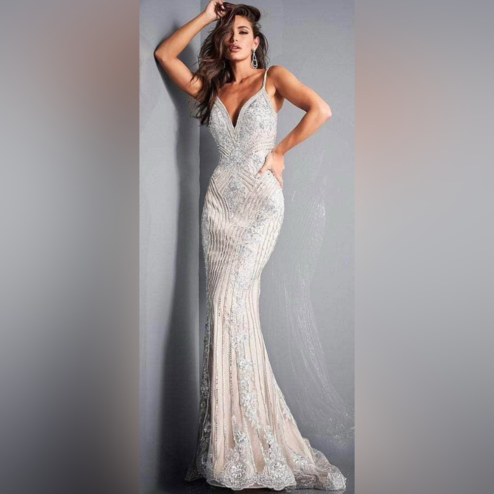 NWT Jovani stunning nude/silver gown. Style 5752
